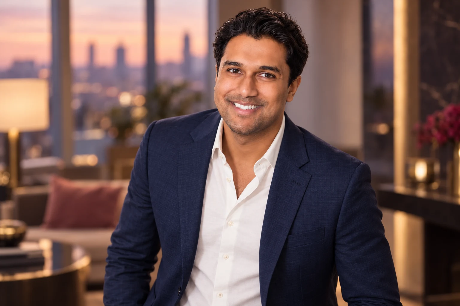 Muklesur Bharuya, founder of AI Founders Connect, in a navy suit and ivory shirt.