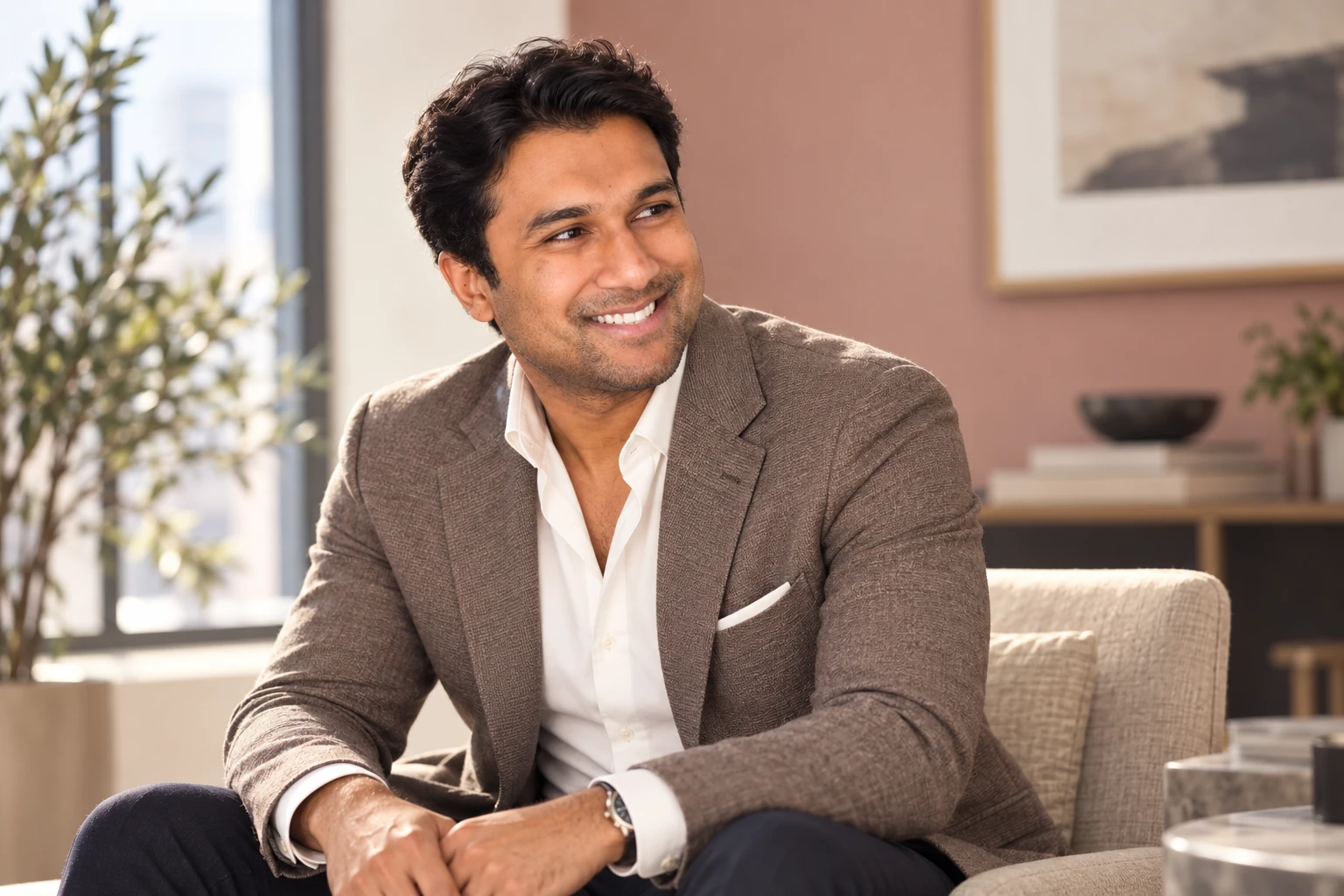 Editorial portrait of Muklesur Bharuya seated in a taupe jacket and ivory shirt, looking off camera.